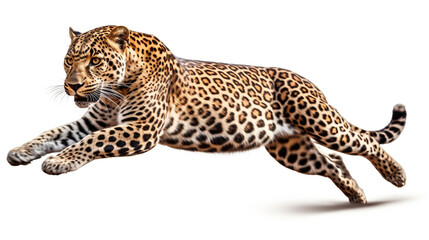 leopard in a jump on a white background close-up. Generative Ai. 