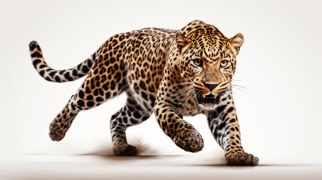 leopard in a jump on a white background. Generative Ai. 