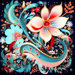  ikat pattern with flowers,cat