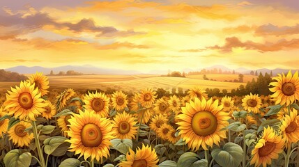 Obraz premium Golden&nbsp;sunflower&nbsp;field. Blossom sunflowers landscape. Hand Paint summer floral Impressionist style. Modern art. AI illustration for book covers, posters, banners and flyers.