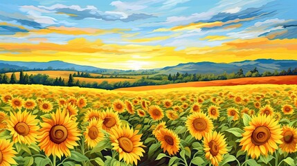 Obraz premium Golden&nbsp;sunflower&nbsp;field. Blossom sunflowers landscape. Hand Paint summer floral Impressionist style. Modern art. AI illustration for book covers, posters, banners and flyers.