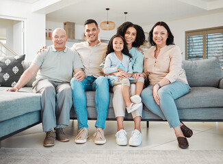 Relax, portrait and generations of family on sofa together, support and love in new home or apartment. Men, women and child on couch, happy smile with grandparents, parents and kid in living room.