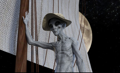 Illustration of a gray alien wearing a straw hat looking forward with stars and a full moon in the background.