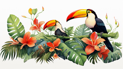 two toucans sit on a branch in the jungle among flowers on a white background. Generative Ai. 