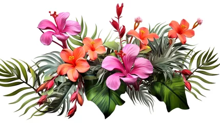 Zelfklevend Fotobehang beautiful flower arrangement with tropical leaves and flowers on a white background. Generative Ai.  © PETR BABKIN