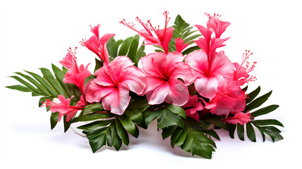 Floral arrangement with pink flowers and tropical leaves on a white background. Generative Ai. 