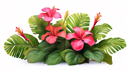 composition with tropical leaves and pink flowers on a white background. Generative Ai. 