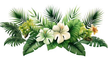 Fototapeta na wymiar Floral arrangement of tropical leaves and white flowers. Generative Ai. 