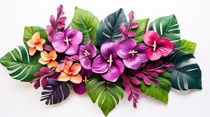 beautiful bouquet of tropical leaves and purple orange and red flowers. Generative Ai. 