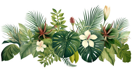 Fototapeta premium composition of tropical leaves and flowers on a white background. Generative Ai. 