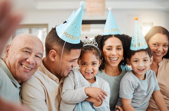 Birthday selfie, big family or happy kids with grandparents taking pictures in living room in house. Portrait of faces, mother or father with smile or senior people taking photo at party at home