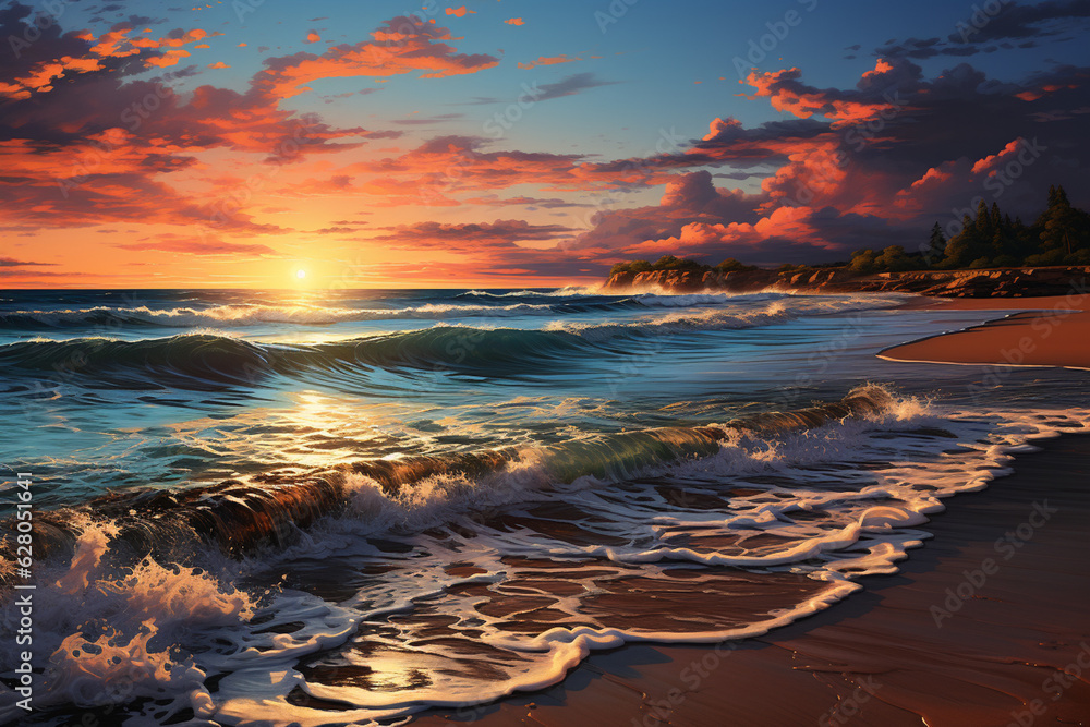 Poster a tranquil beach at dusk, with gentle waves rolling onto the shore and the sky painted in soft paste