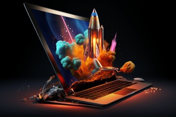 Digital illustration of laptop and space rocket shuttle launching with a cloud of smoke. Startup, success, creative idea, speed, technology concept