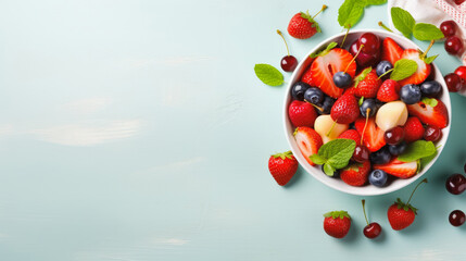 Top view of fruit salad with strawberry and blueberry sweet cherry in plate on wood blue background.