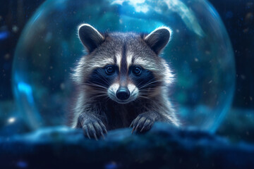 Obraz premium A Serene Raccoon Gazing into a Blue Clear Crystal Ball, Enveloped in Magic AI generated