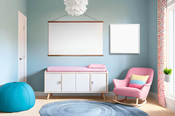Mock up poster frame in children room interior background, 3D render