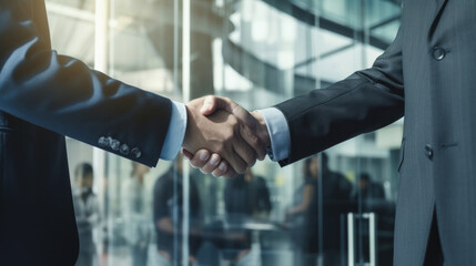 Businessman in gray suit handshake with business people, The background is a glass conference room.
