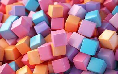 Fototapeta na wymiar Pastel-colored macaron cubes are stacked randomly and look cute. Generative AI