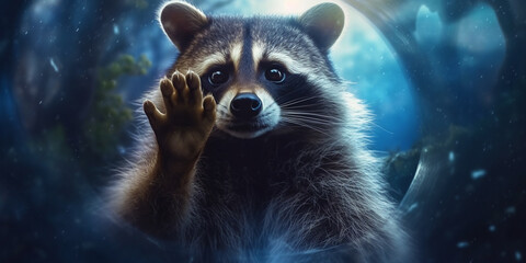 Obraz premium A Serene Raccoon Gazing into a Blue Clear Crystal Ball, Enveloped in Magic AI generated