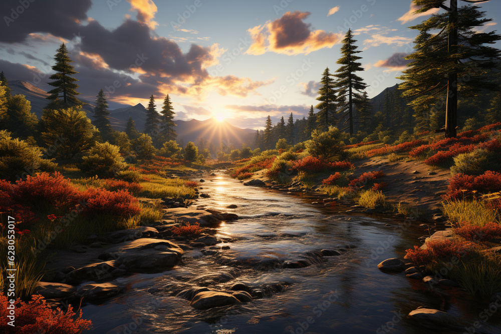 Aufkleber A tranquil riverside evening, with a gentle current flowing and the last rays of sunlight reflecting on the water.  Generative AI technology.