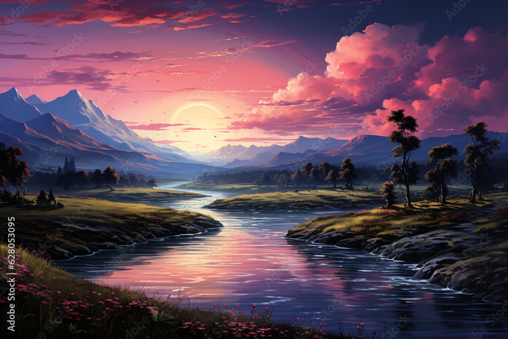 Aufkleber a serene river at twilight, with a gentle flow and the sky painted in soft pastel colors. generative