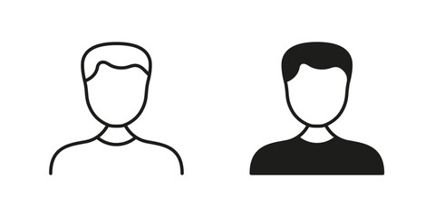 Man Line and Silhouette Black Icon Set. Male Person Pictogram. Business Profile Symbol Collection. Businessman Sign. Human Face Portrait. Office People. User's Avatar. Isolated Vector Illustration