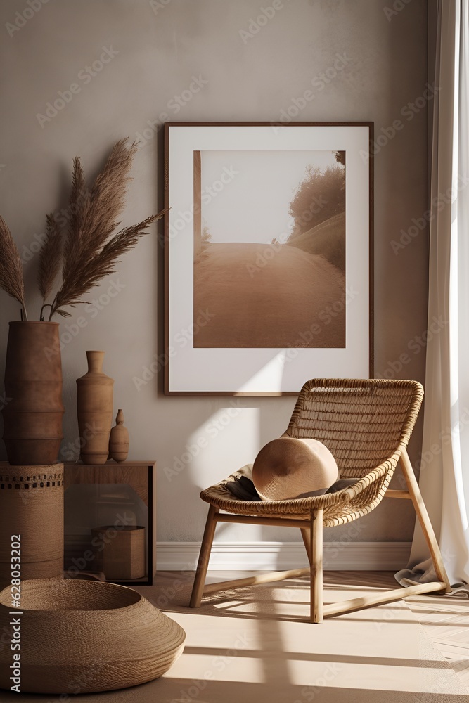 Poster minimal bohemian interior with a landscape style photo frame by generative ai