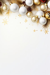 Christmas white background with christmas balls and decoration. ai generative