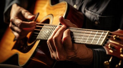 close up of hands playing classic guitar - obrazy, fototapety, plakaty