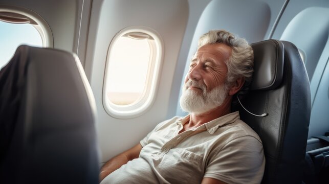 happy mature senior man in airplane travel, Generative AI