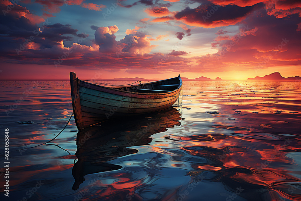 Poster a tranquil coastal evening, with a lone boat floating on the calm sea and the sky adorned with a col