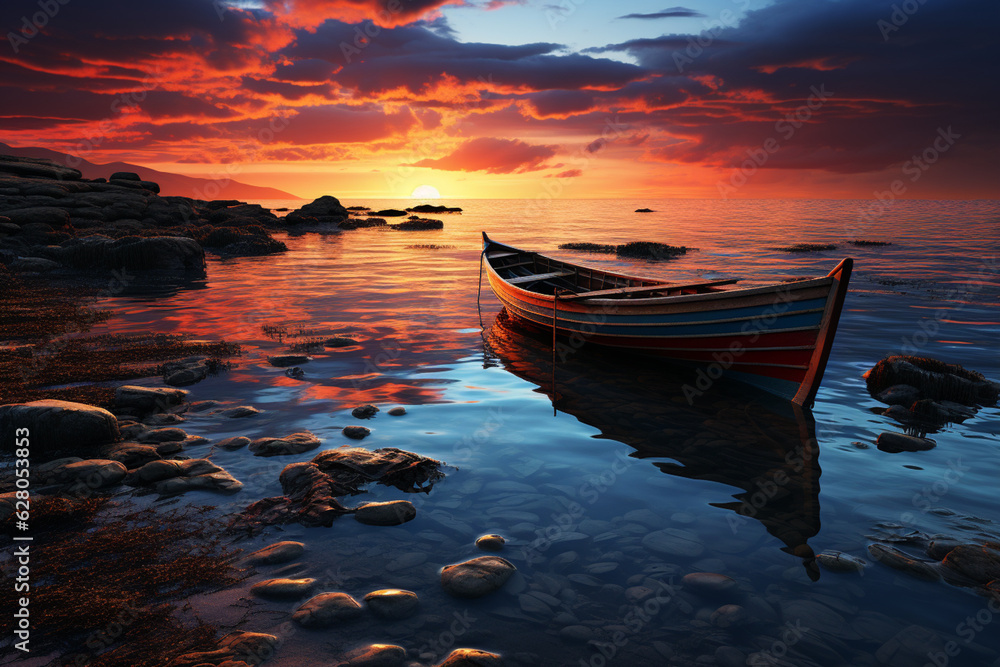 Aufkleber a tranquil coastal evening, with a lone boat floating on the calm sea and the sky adorned with a col