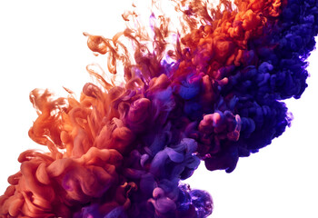 Splash of orange paint in water over white background