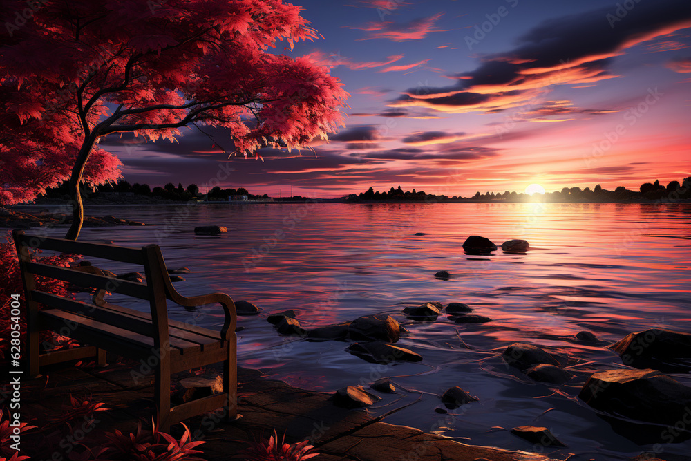Poster A calm seaside sunset, with vibrant colors reflecting on the water's surface and a sense of tranquility in the air.  Generative AI technology.