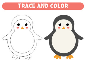 Trace and color cute little cartoon penguin. Worksheet for kids
