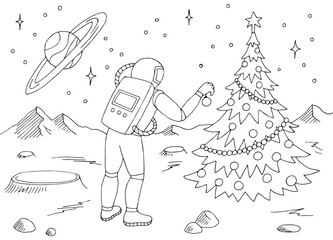 Astronaut decorates the Christmas tree on alien planet graphic black white space landscape sketch illustration vector