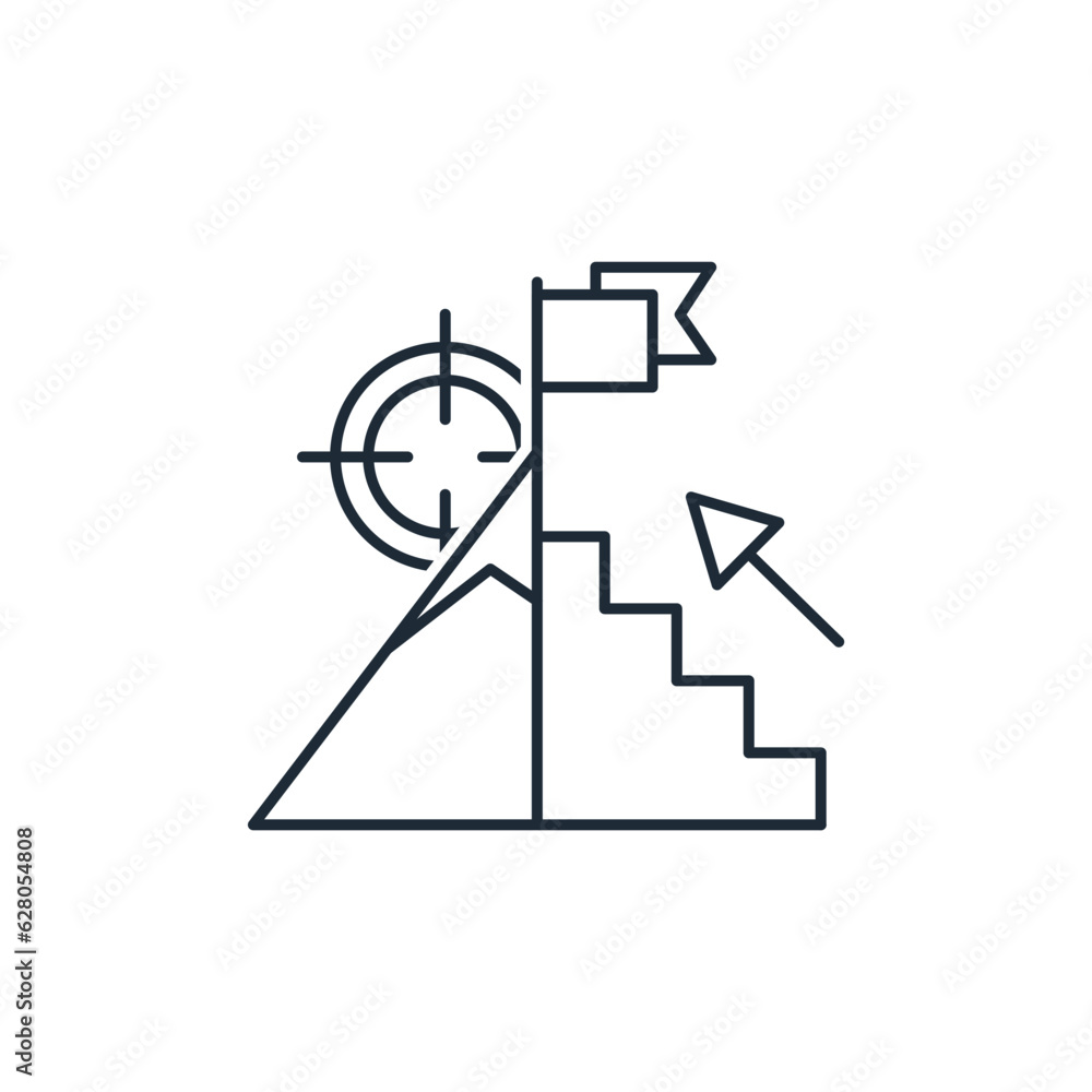 Poster mountain with a flag, a target and a ladder with an arrow up. movement towards the goal. mission. ac