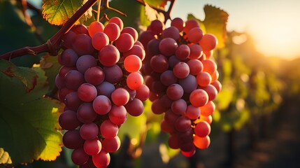 Ripe red grapes in vineyard at sunset. Close-up.