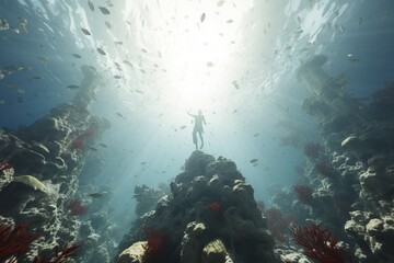 Fototapeta na wymiar Photograph of people diving in preserved coral reefs full of marine lif, Generative AI