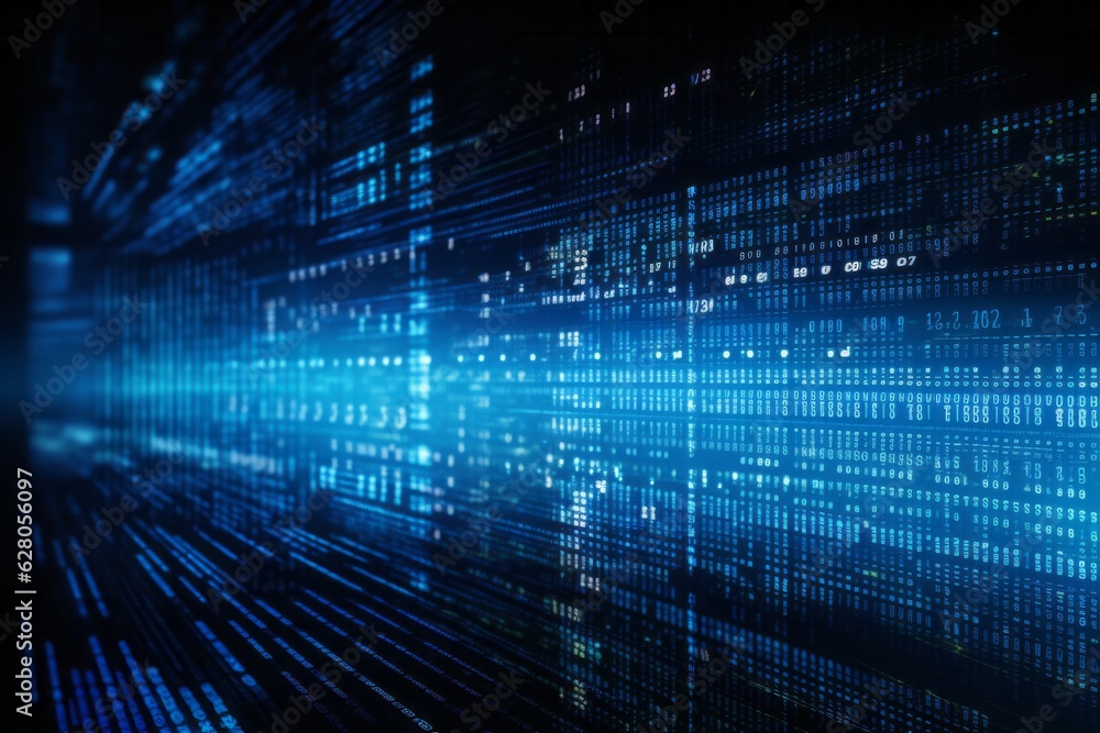 Poster Blue digital binary data on computer screen background
