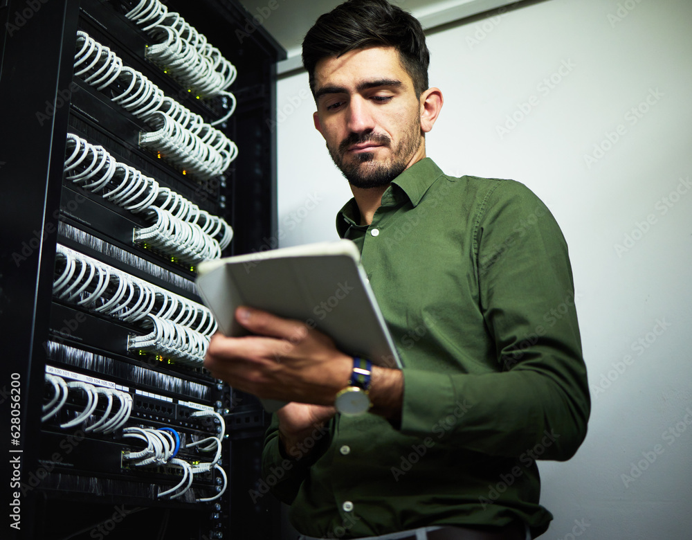 Aufkleber Engineer man, cable and server room with a tablet for programming, maintenance and software upgrade. Young male technician person with technology in data center for wire, hardware and internet