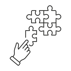 Jigsaw and Human Hand Linear Pictogram. Puzzle Strategy Solution, Team Game Line Icon. Connect Parts of Puzzle Outline Sign. Editable Stroke. Isolated Vector Illustration