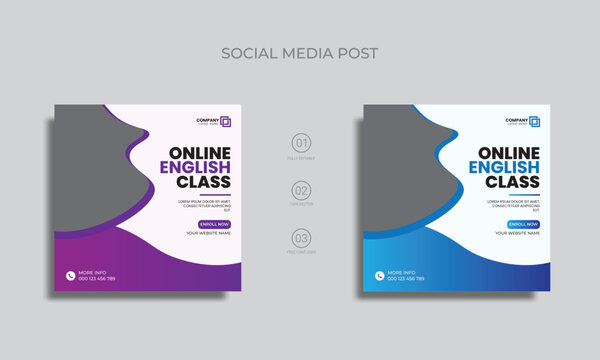 Online English Class Social Media Post Design. Learning English Course Vector Marketing Post And Banner Design.