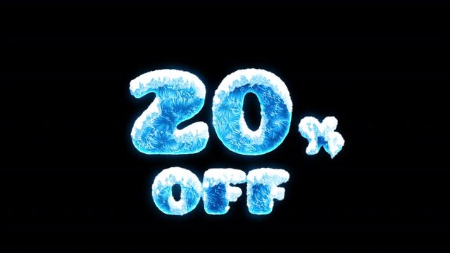 Animated blue freezing 20% off. Sale element with snow and ice for winter promotion. On alpha channel, transparent background.