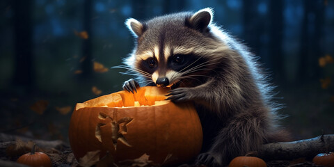 Cheerful Raccoon Poses Playfully with Halloween Pumpkin in Paws AI generated