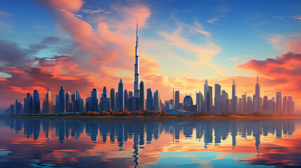 Fototapeta na wymiar Panorama of Dubai skyline during sunset