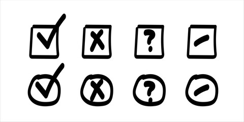 Check and cross mark set in black. Hand drawn doodle sketch style. Vote, yes, no drawn concept. Checkbox, cross mark with square, circle element. Vector illustration.