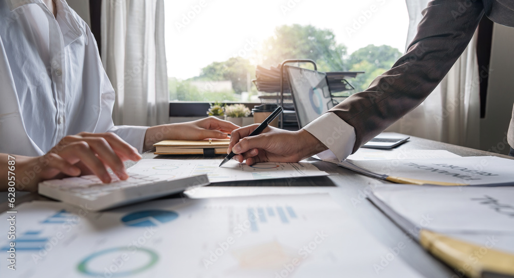 Poster teamwork of business two colleagues analysis with financial data and marketing report graph, young b