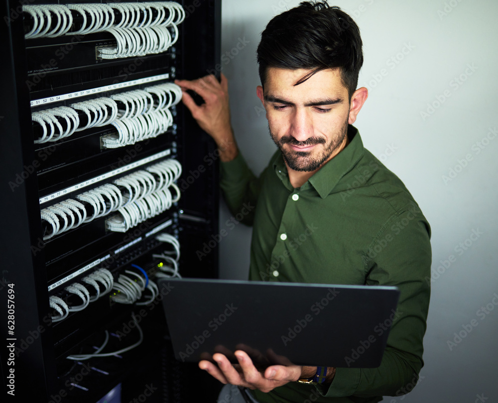 Aufkleber laptop, data center and male technician in a server room for technical repairs by a control box. tec