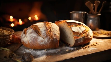fluffy bread sprinkled with white sugar on a wooden table with blurred background